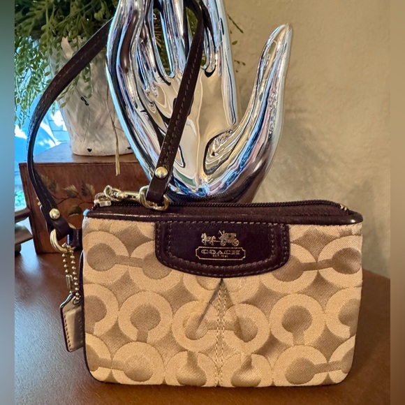 Coach Signature Tan and Brown Wristlet - Picture 1 of 6
